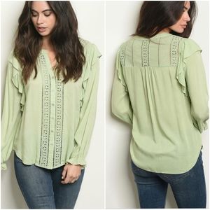 Boho Chic Sage Crochet Ruffle Long Sleeves Top